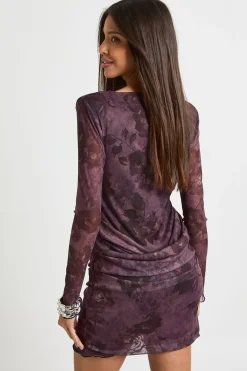 Robe mini en mesh floral à drapé avec détail à la taille