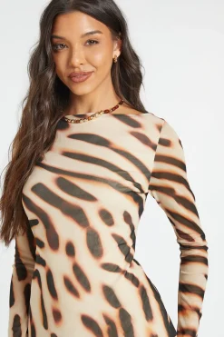 boohoo Robe Mini En Mesh À Imprimé Animal Avec Manches Évasées<Femme Robes À Manches Longues|Robes