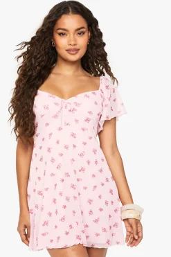 boohoo Robe Mini en Mesh Imprimé Floral Ditsy à Manches Ange avec Lien à l'Avant<Femme Robes Courtes|Robes