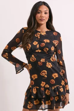 Robe Mini en Mesh Imprimé à Jupe Étagée