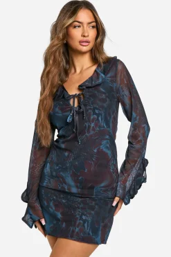 Robe mini en mesh imprimé à volants