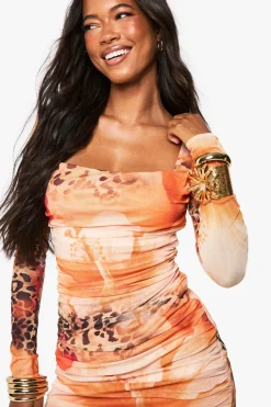 boohoo Robe mini en mesh léopard à col carré froncé<Femme Robes Moulantes|Robes À Manches Longues
