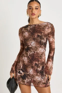 boohoo Robe mini en mesh à manches évasées imprimé léopard mixte<Femme Robes|Imprimé Léopard