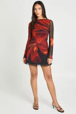 boohoo Robe Mini En Mesh À Manches Évasées Et Motif Floral<Femme Robes Moulantes|Robes À Manches Longues
