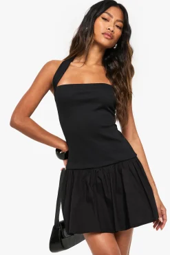 boohoo Robe mini en mélange de coton et jersey côtelé à décolleté halterneck<Femme Robes Patineuses|Robes