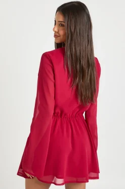 boohoo Robe Mini en Mousseline à Col Bénitier Profond<Femme Robes Patineuses|Robes À Manches Longues