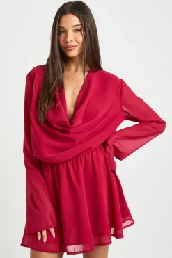 boohoo Robe Mini en Mousseline à Col Bénitier Profond<Femme Robes Patineuses|Robes À Manches Longues