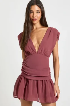 Robe Mini en Mousseline à Décolleté Plongeant avec Détails Froncés
