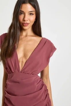Robe Mini en Mousseline à Décolleté Plongeant avec Détails Froncés