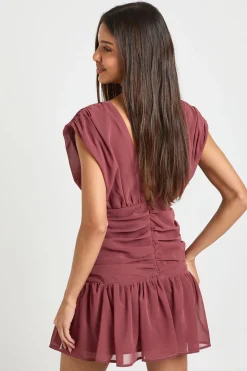 Robe Mini en Mousseline à Décolleté Plongeant avec Détails Froncés