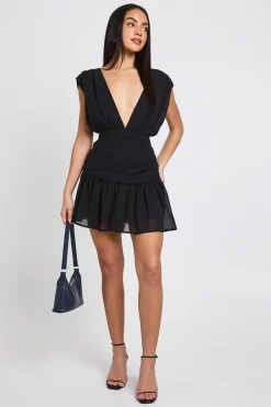 Robe Mini en Mousseline à Décolleté Plongeant avec Détails Froncés