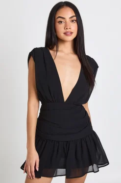 Robe Mini en Mousseline à Décolleté Plongeant avec Détails Froncés