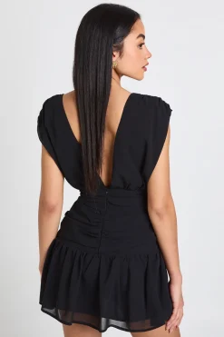 Robe Mini en Mousseline à Décolleté Plongeant avec Détails Froncés