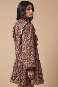 Oasis Robe Mini en Mousseline Dobby Brodée à Imprimé Animal<Femme Looks Chocolat|Robes À Manches Longues