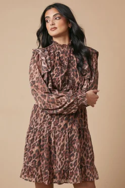 Oasis Robe Mini en Mousseline Dobby Brodée à Imprimé Animal<Femme Looks Chocolat|Robes À Manches Longues