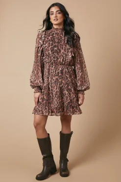 Oasis Robe Mini en Mousseline Dobby Brodée à Imprimé Animal<Femme Looks Chocolat|Robes À Manches Longues
