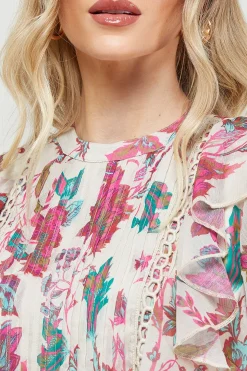 Robe Mini en Mousseline à Détails Volantés Imprimée