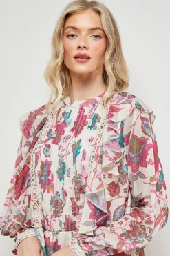 Robe Mini en Mousseline à Détails Volantés Imprimée