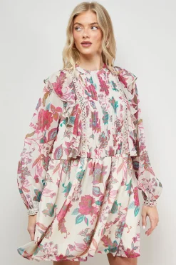 Robe Mini en Mousseline à Détails Volantés Imprimée