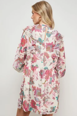 Robe Mini en Mousseline à Détails Volantés Imprimée