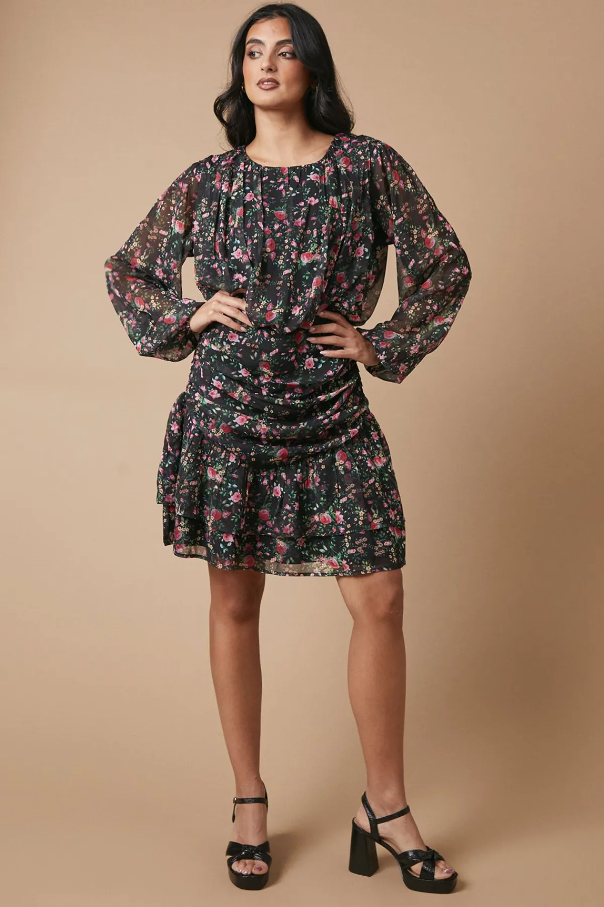 Oasis Robe Mini en Mousseline Florale Froncée et Plissée<Femme Robes|Toutes Les Robes