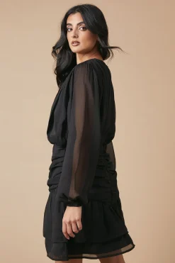Robe Mini en Mousseline Froncée à Détails Plissés