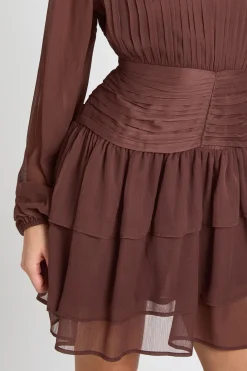Robe Mini en Mousseline Froncée à Col Montant