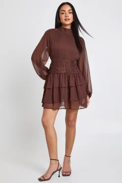Robe Mini en Mousseline Froncée à Col Montant