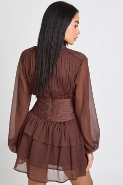 Robe Mini en Mousseline Froncée à Col Montant