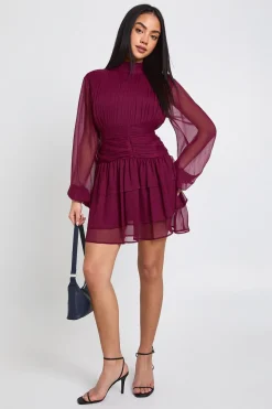 Robe Mini en Mousseline Froncée à Col Montant