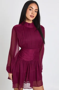 Robe Mini en Mousseline Froncée à Col Montant