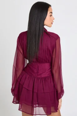 Robe Mini en Mousseline Froncée à Col Montant