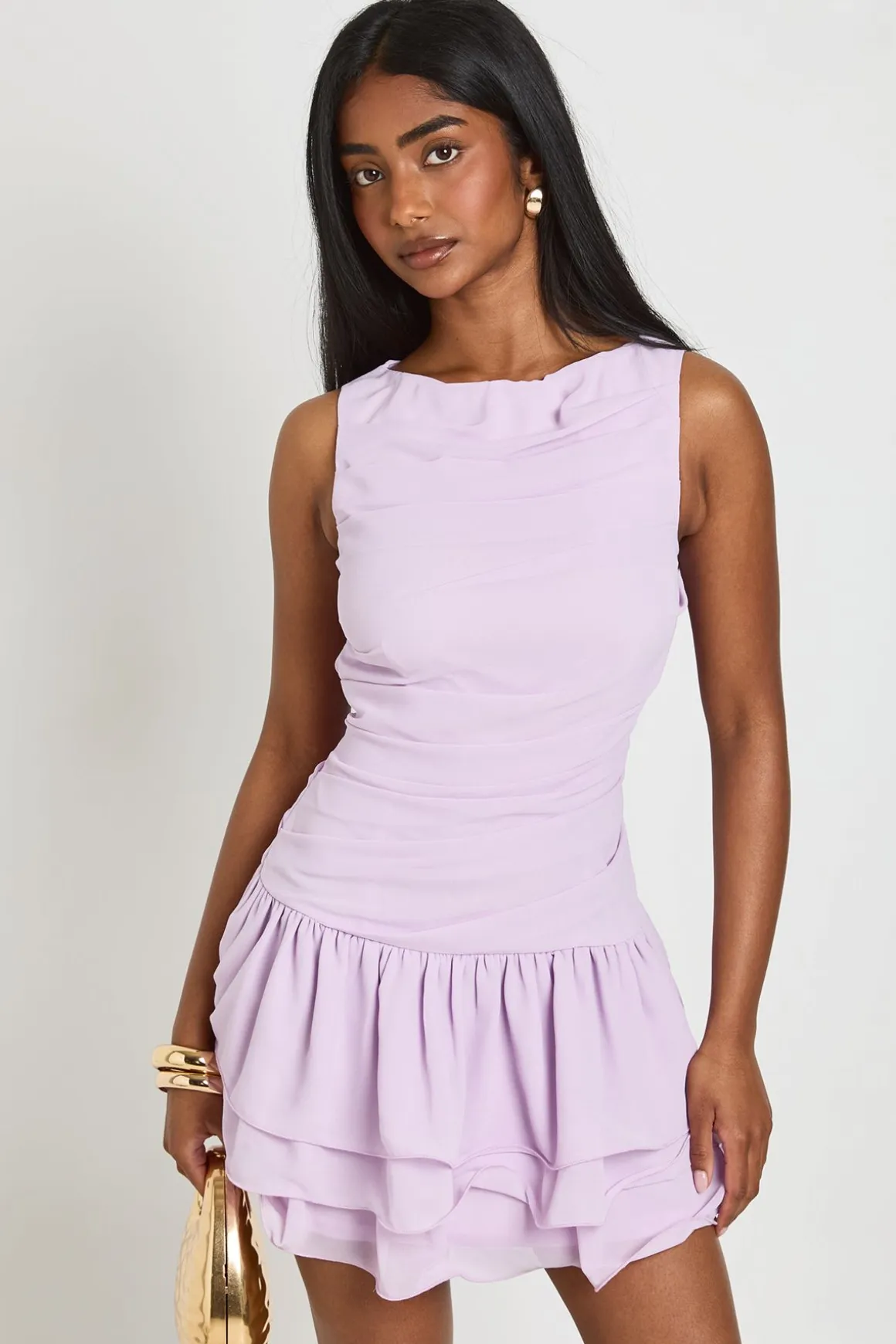Robe Mini En Mousseline Froncée À Ourlet Asymétrique