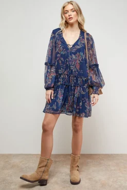 Oasis Robe Mini en Mousseline Imprimée à Encolure Nouée et Devant Froncé<Femme Robes Bohème|Robes À Manches Longues