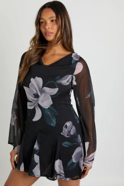 Robe Mini En Mousseline À Manches Longues Et Motif Floral