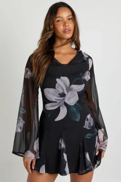 Robe Mini En Mousseline À Manches Longues Et Motif Floral