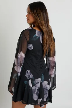 Robe Mini En Mousseline À Manches Longues Et Motif Floral