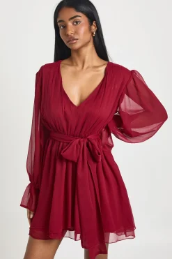 boohoo Robe Mini en Mousseline à Manches Volumineuses et Taille Nouée<Femme Robes Patineuses|Robes À Manches Longues
