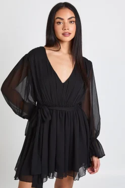 boohoo Robe Mini en Mousseline à Manches Bouffantes et Taille Nouée<Femme Robes Patineuses|Robes À Manches Longues