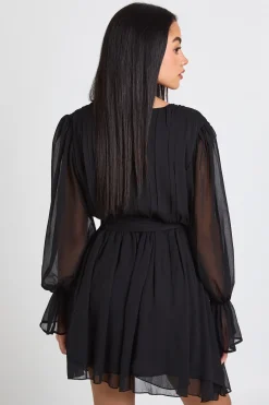 boohoo Robe Mini en Mousseline à Manches Bouffantes et Taille Nouée<Femme Robes Patineuses|Robes À Manches Longues