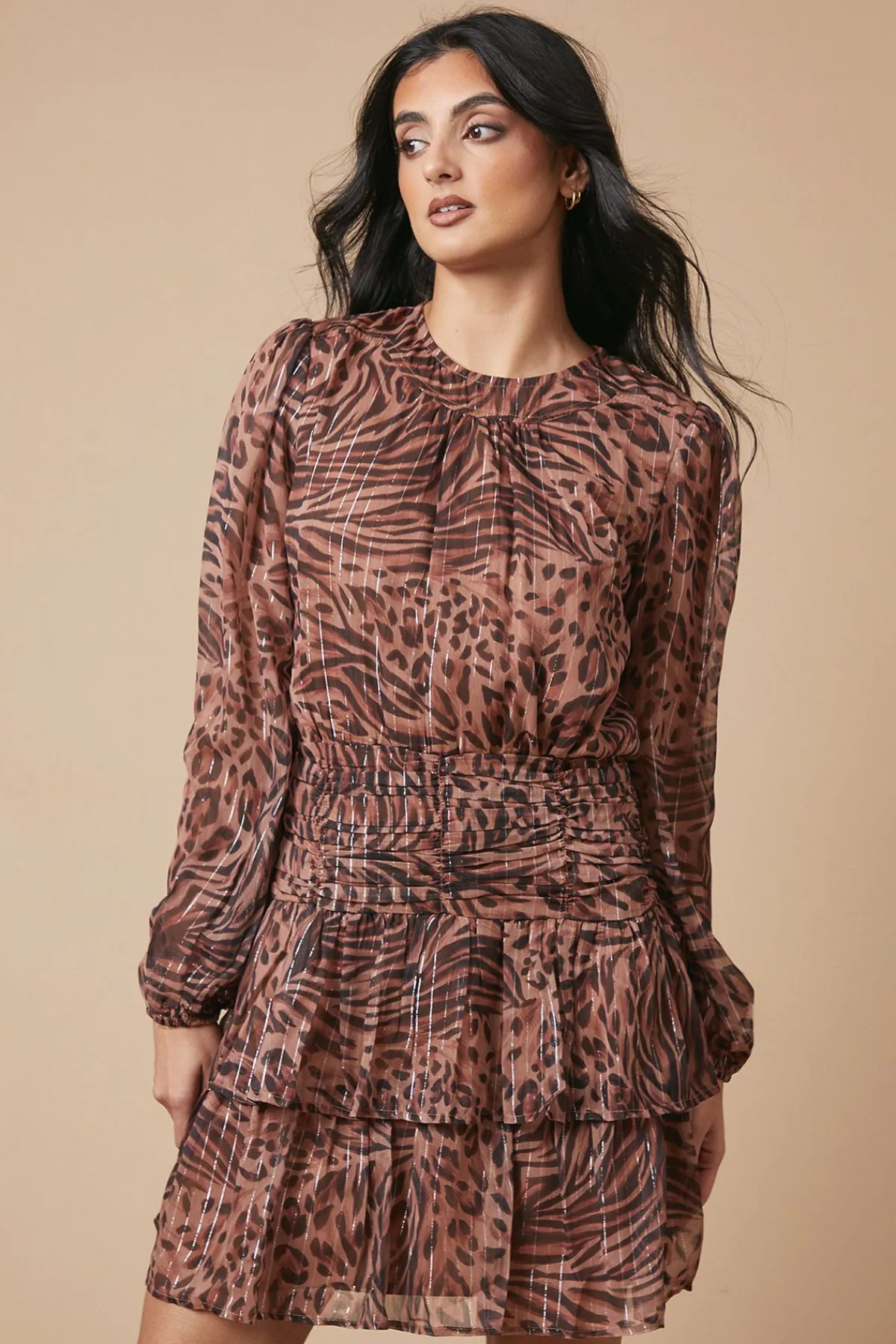 Oasis Robe Mini en Mousseline à Motif Froncée et Plissée<Femme Robes Mi-Longues|Robes À Manches Longues