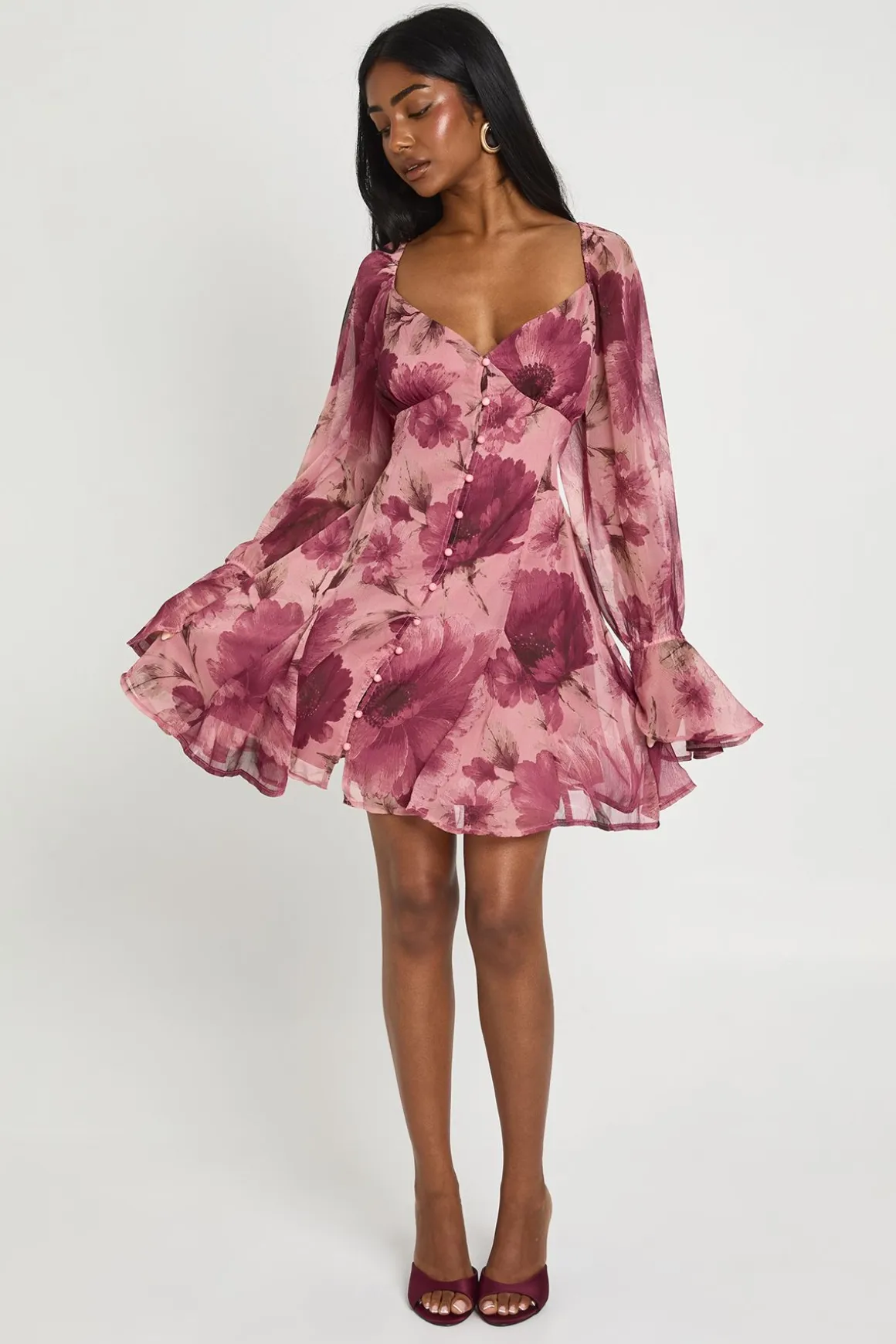 Robe Mini En Mousseline Texturée À Imprimé Floral Et Ourlet À Godets