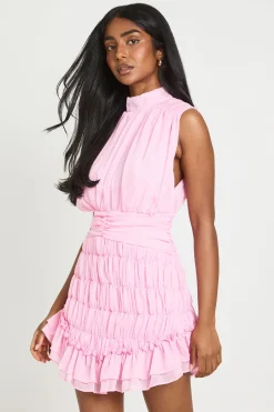 Robe Mini En Mousseline Texturée À Col Montant Et Ourlet Asymétrique