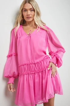 Oasis Robe Mini en Mousseline Unie à Fronces Devant et Col Noué<Femme Toutes Les Robes|Robes À Manches Longues
