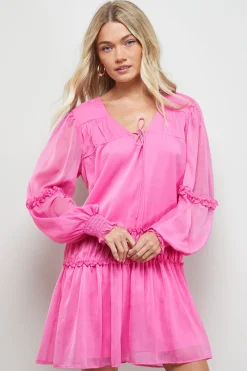 Oasis Robe Mini en Mousseline Unie à Fronces Devant et Col Noué<Femme Toutes Les Robes|Robes À Manches Longues