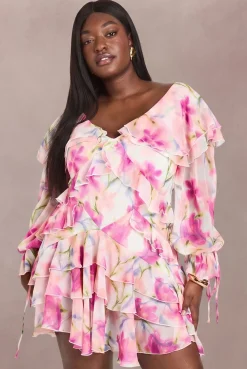 Robe Mini En Mousseline À Volants Et Imprimé Floral Plus