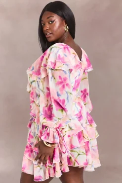 Robe Mini En Mousseline À Volants Et Imprimé Floral Plus