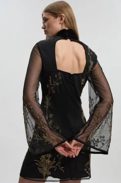 Robe Mini en Organdi Tissé Ornée d'Appliqués Floraux