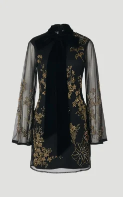 Robe Mini en Organdi Tissé Ornée d'Appliqués Floraux