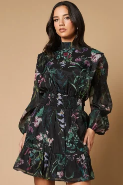 Robe Mini en Organza à Imprimé Bordure avec Taille Froncée et Dos Noué